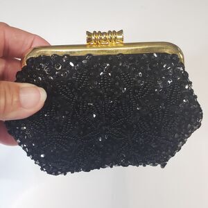 Elegant Vintage MCM Black Beaded Coin Purse 4" Kiss Lock Made in Hong Kong Bag